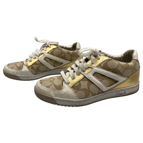 Coach Nova Signature C Monogram Canvas Leather Sneakers Shoes Khaki Gold Sz 7.5M - Picture 1 of 8